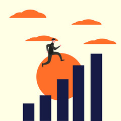 Business growth vector concept: Silhouette of businessman climbing up the bar chart with sun rising background