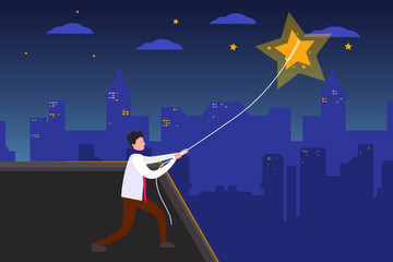 Business target vector concept: male figure wearing a white suit while pulling the sparkling star balloon, with night cityscape background