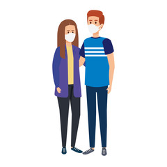 young couple using face mask isolated icon vector illustration design