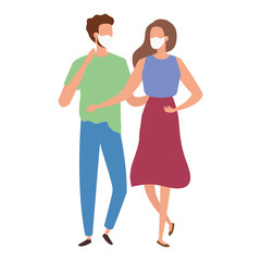 young couple using face mask isolated icon vector illustration design