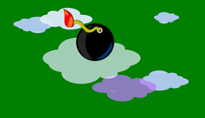 Bomb in the cloud. Cyber security. Illustration. Green sky. Storage Service. Files and data. Modern, avant-garde and simple graphic poster design.