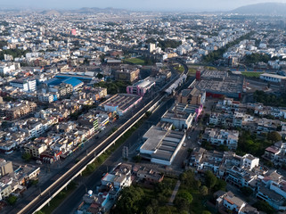 Fototapeta na wymiar Aerial drone view of Aviacion avenue in Lima city at lockdown of coronavirus pandemic in 2020, in Peru.
