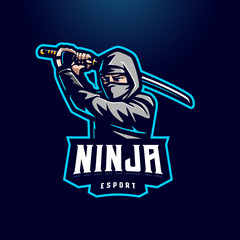 Ninja character holding katana esport mascot logo isolated on dark background