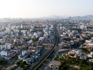 Aerial drone view of  Aviacion avenue in  Lima city at lockdown of coronavirus pandemic in 2020, in Peru.