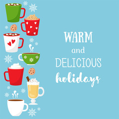 Hot Drinks. Cocoa, Coffee, Tea, Hot Chocolate. 