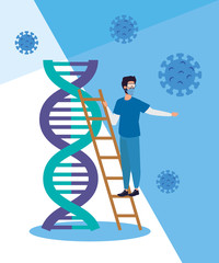 paramedic and dna structure with particles covid 19 vector illustration design