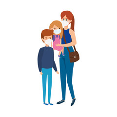 mother with children using face mask vector illustration design