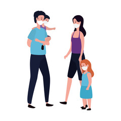 parents with children using face mask vector illustration design