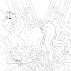 Unicorn .Colored book. Horse head sleep. . Black and white sticker, icon isolated. Cute magic cartoon fantasy animal. Dream symbol. Design for children, baby room interior, scandinavian
