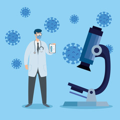 doctor using face mask with microscope and particles covid 19 vector illustration design