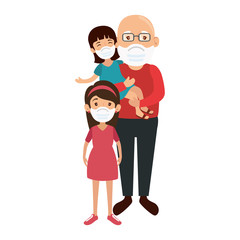 grandfather with granddaughters using face mask vector illustration design