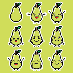 Set of cute cartoon colorful pear with different emotions. Funny emotions character collection for kids. Fantasy characters. Vector illustrations, cartoon flat style. You can use for your mascot.