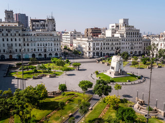 Fototapeta na wymiar Aerial drone view of the empty San Martin square in Lima city at lockdown on coronavirus pandemic in 2020, in Peru.