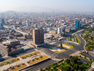 Aerial drone view of the Grau square and empty streets of Lima city at lockdown on coronavirus pandemic in 2020, in Peru.