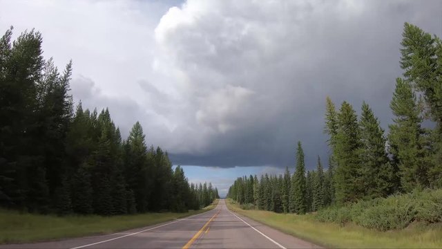 Driving on a straight empty road through the forest in Montana. 