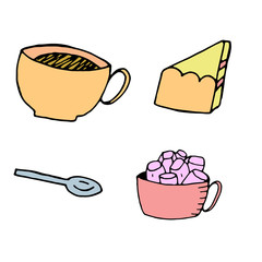 Fototapeta premium color vector isolated doodle element, tea party with cake