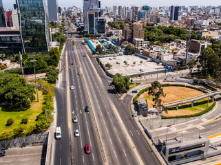 Fototapeta premium Aerial drone view empty streets of Lima city at lockdown on coronavirus pandemic in 2020, in Peru.