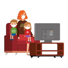 mother with children using face mask vector illustration design