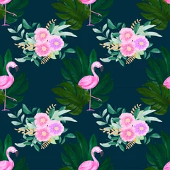 Tuinposter Tropical pattern with flowers and flamingo bird © Maryam Hamila