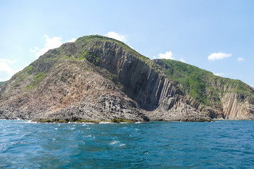 Huge hexagonal columnar joints of volcanic rock at Hong Kong Global Geopark, China 