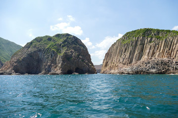 Huge hexagonal columnar joints of volcanic rock at Hong Kong Global Geopark, China 