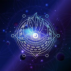 Vector illustration of Sacred geometric symbol against the space background with planets and stars. Mystic sign drawn in lines. Image in purple color.