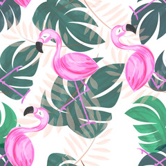 Tropical pattern with exotic nature and flamingo bird