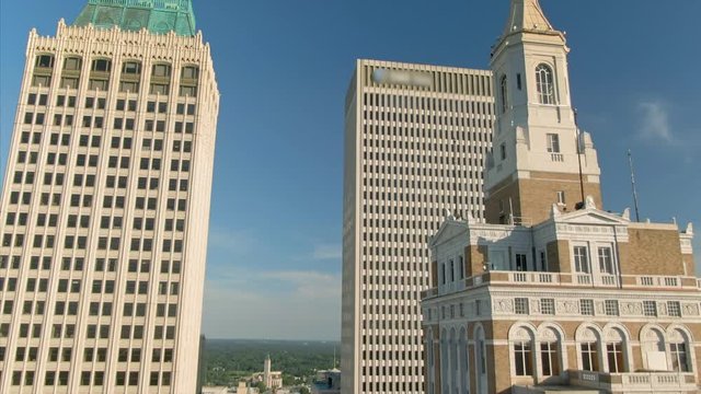 Tulsa, Oklahoma, USA. 1 May 2020. Aerial over the downtown city skyline