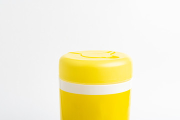 Closed Yellow Top Cap Of A Disinfectant Wipes Container