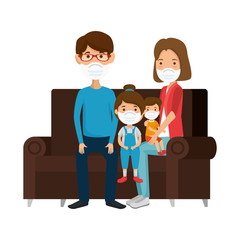 parents with children using face mask in couch vector illustration design
