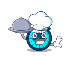 Hourglass chef cartoon character serving food on tray