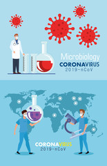 set poster of microbiology for covid 19 and medical icons vector illustration design