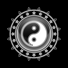 Ying-Yang icon in circle frame and black background. Illustration.