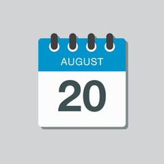 Calendar icon day 20 August, date days of the year