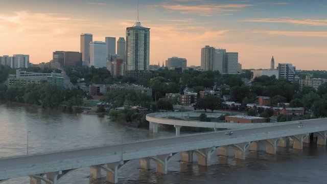 Tulsa, Oklahoma, USA. Aerial city skyline, suburbs & W 23 st bridge over the Arkansas River.