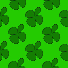 Seamless pattern with green clover leaves. Modern background with repeating elements of shamrock for packaging, printing, fabric. Vector illustration