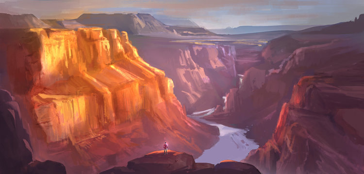 A digital illustration of the out-breathing grand canyon with colourful brushstroke technique.