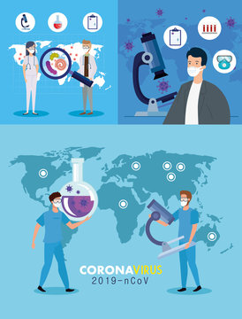 set poster of covid 19 with staff medical and icons medicine vector illustration design