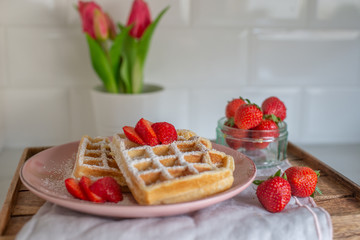 home made sweet Belgian waffles with strawberries
