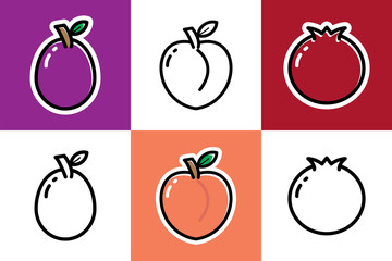 Set of Cute Plum or Grape, Peach, and Pomegranate Icon Illustration