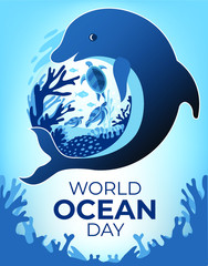World oceans day banner with cute sea ​​animals background 