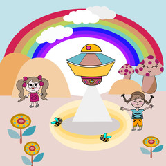 The miracle vehicle in the future and two happy with rainbow in beautiful nature.