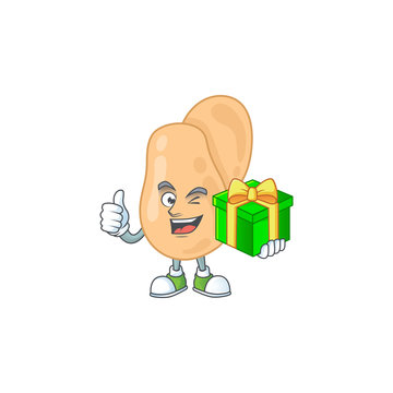 Smiley sarcina cartoon character holding a gift box