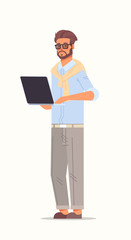 businessman using laptop business man working on notebook male cartoon character standing pose full length vertical vector illustration