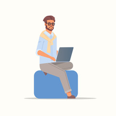 businessman using laptop business man sitting on armchair working on notebook male cartoon character full length vector illustration