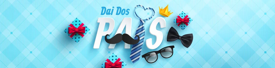 Foto op Plexiglas Happy Father's Day card in portuguese words with necktie and glasses for dad on blue.Promotion and shopping template for Father's Day.Vector illustration EPS10 © Fotomay