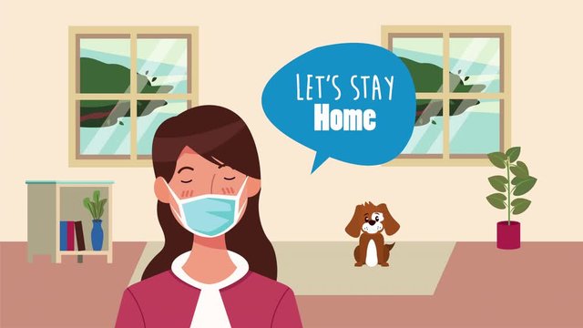 stay at home campaign with woman using face mask