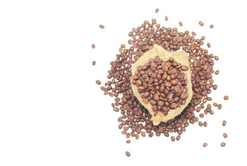 Coffee beans in a sack bag on white background