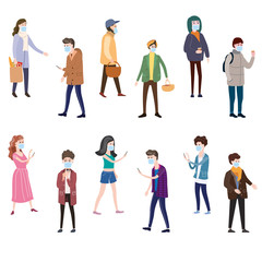 Set characters people wearing medical face masks protect themselves from COVID-19 coronavirus outbreak spreading