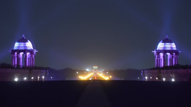 India Gate at Night Seen From Parliament Building in Delhi